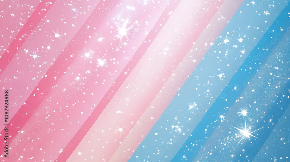 Poster the background features diagonal pink and blue gradient stripes, sparkles and stars in the shiny, br