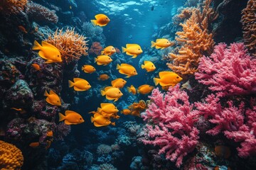 A vibrant coral reef with a school of yellow fish swimming through the turquoise water.