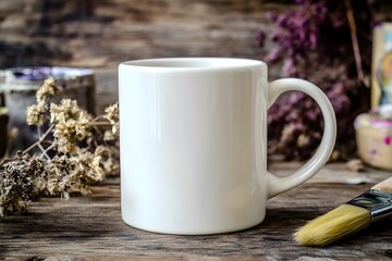 Blank white mug mockup in a creative studio surrounded by paints, brushes and artwork.