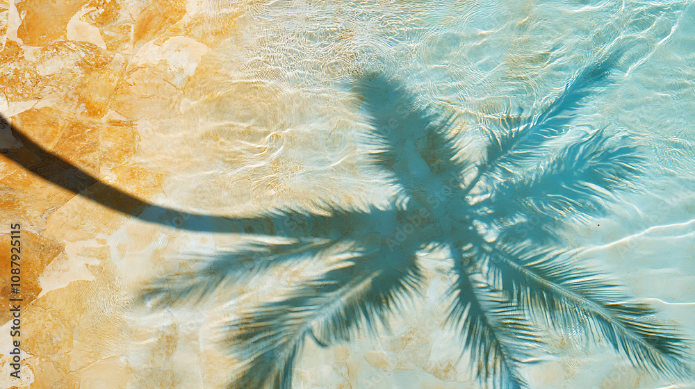 Poster top-down view of a swimming pool background, with a water ring and the shadow of a palm on travertin