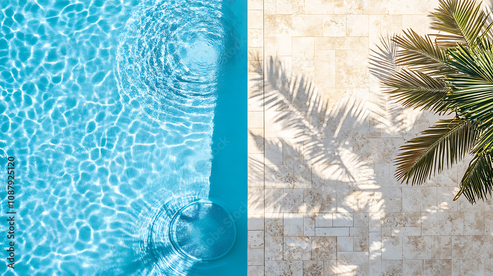Poster top-down view of a swimming pool background, with a water ring and the shadow of a palm on travertin