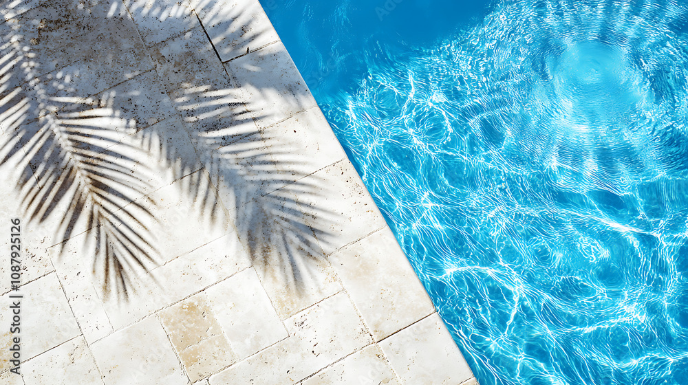 Poster top-down view of a swimming pool background, with a water ring and the shadow of a palm on travertin