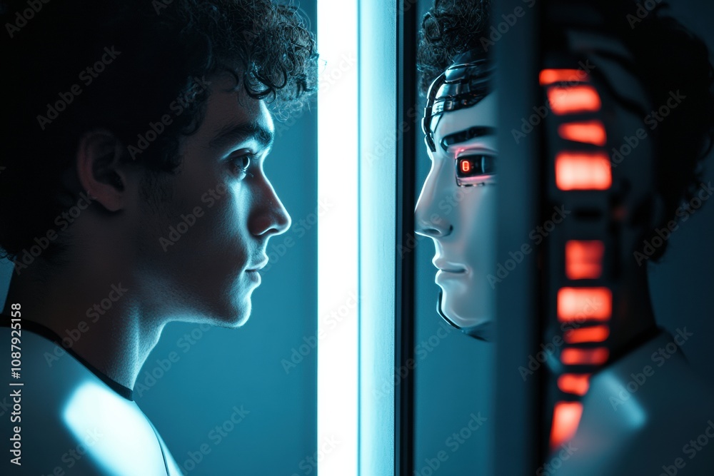 Leinwandbilder a human engages with their robotic reflection in a digital mirror, exploring the interaction between