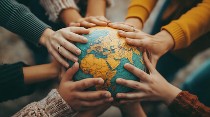 Multiracial hands united around a globe, symbolizing global togetherness, care for the earth, and the importance of sustainable living and diverse connections