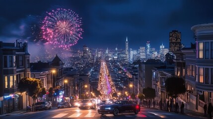Fourth of july celebrations in san francisco: fireworks lighting up the night sky over the city, viewed from a steep street with onlookers and parked cars