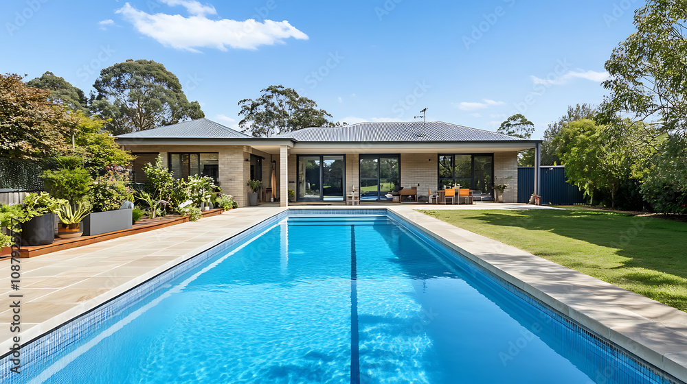 Poster the backyard of a modern home featuring a swimming pool as a highlight of the property