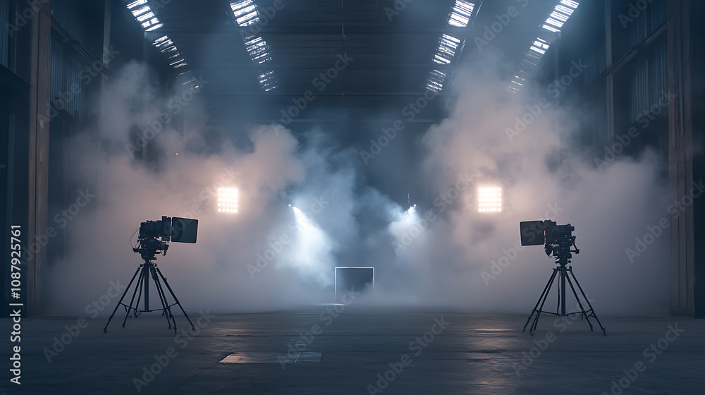 Poster the film's filming location is a large empty stage with three cameras and spotlights, surrounded by 