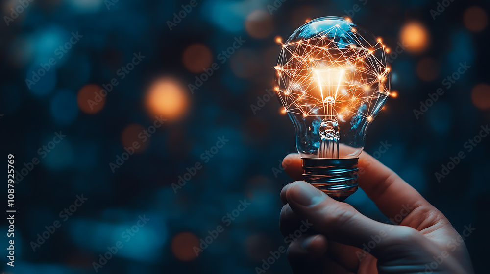 Poster the hand holds a light bulb with glowing digital network connections shining bright against a dark b