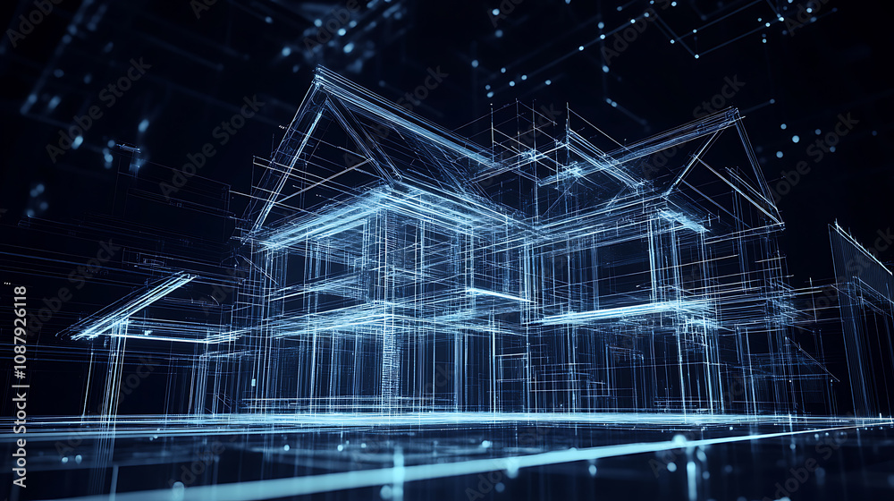 Poster blueprint plans and 3d model of house under construction digital architecture concept