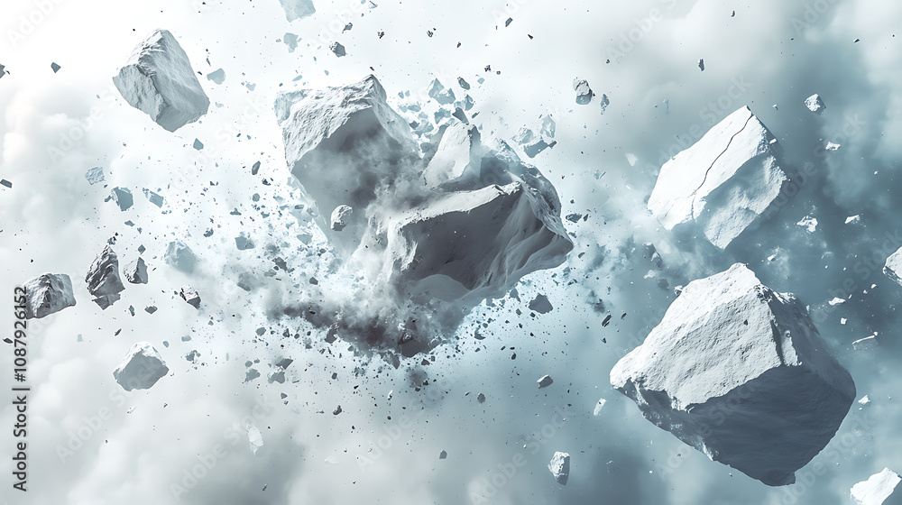 Poster abstract rock explosion white stone fragments dust particles dynamic texture background digital illu