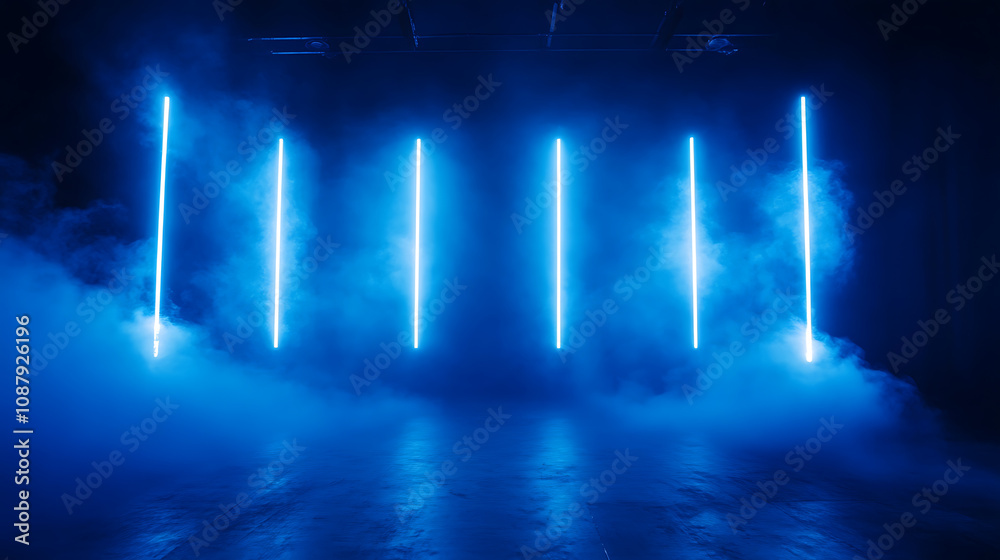 Poster empty dark stage with blue neon lights spotlights and smoke for product display abstract background
