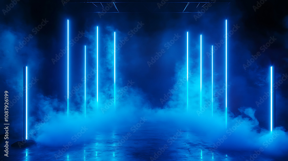 Poster empty dark stage with blue neon lights spotlights and smoke for product display abstract background