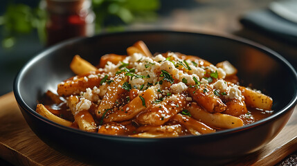 Canadian poutine dish with french fries cheese curds and gravy appetizing food photo