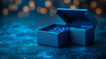 A beautifully designed blue jewelry box is open, showcasing dazzling gemstones inside, against a softly lit, festive background