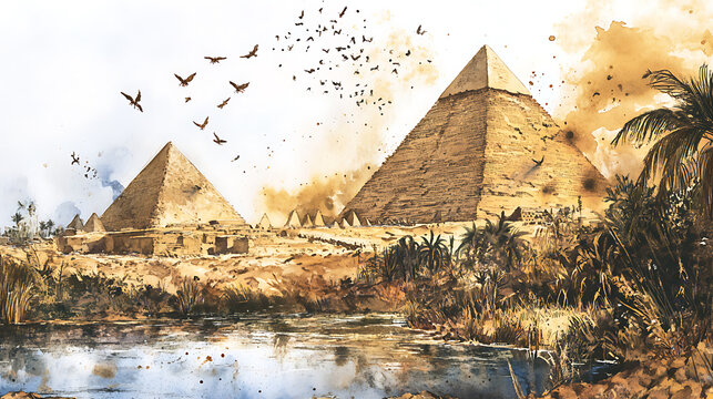 Egyptian plagues watercolor illustration of egypt pyramids and locusts flying over the nile