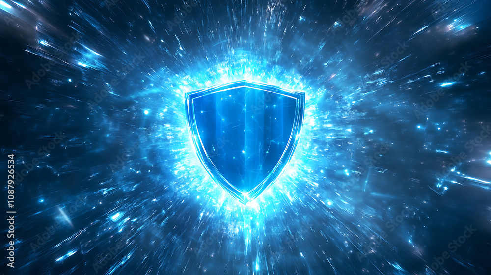 Aufkleber Futuristic shield icon in the center of abstract digital blue background with light effects, security technology concept