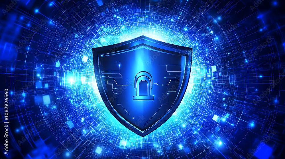Poster Futuristic shield icon in the center of abstract digital blue background with light effects, security technology concept