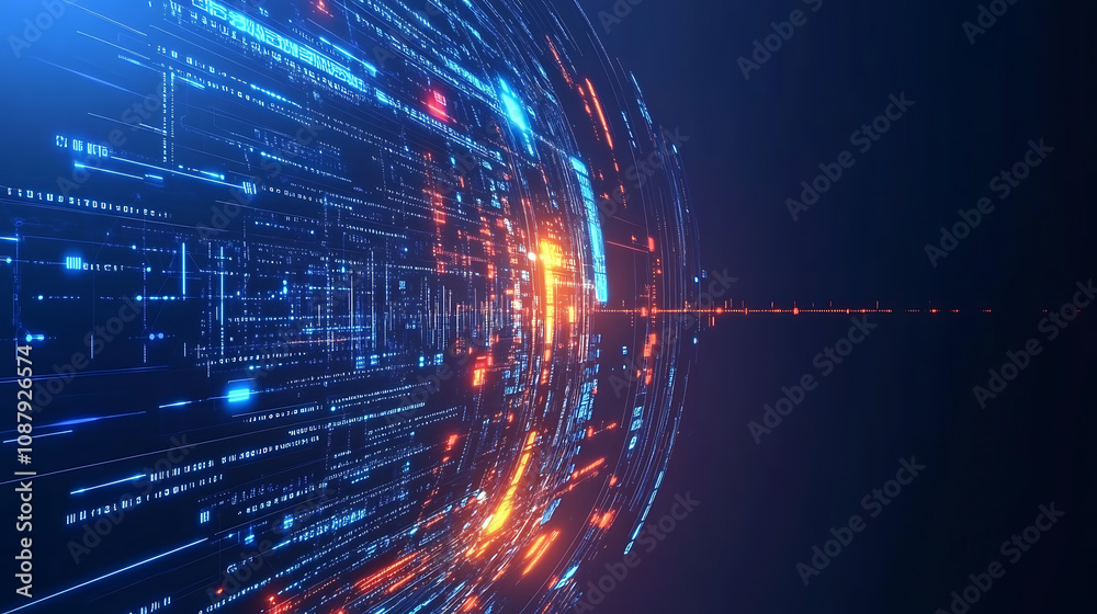 Poster Glowing abstract technology code on dark screen big data and iot concept futuristic digital background illustration