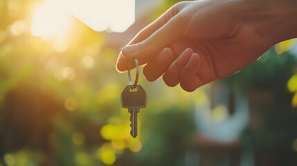 Hand holding keys to a new house real estate mortgage investment and property ownership concept illustration