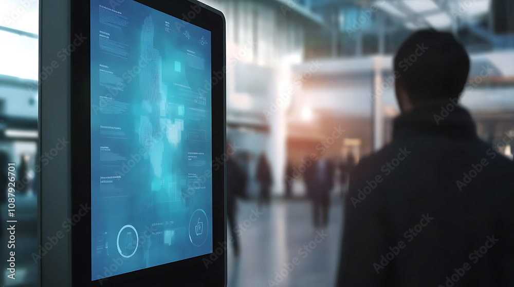 Poster Customizable digital signage screen display in public space interactive advertising technology modern information kiosk mockup