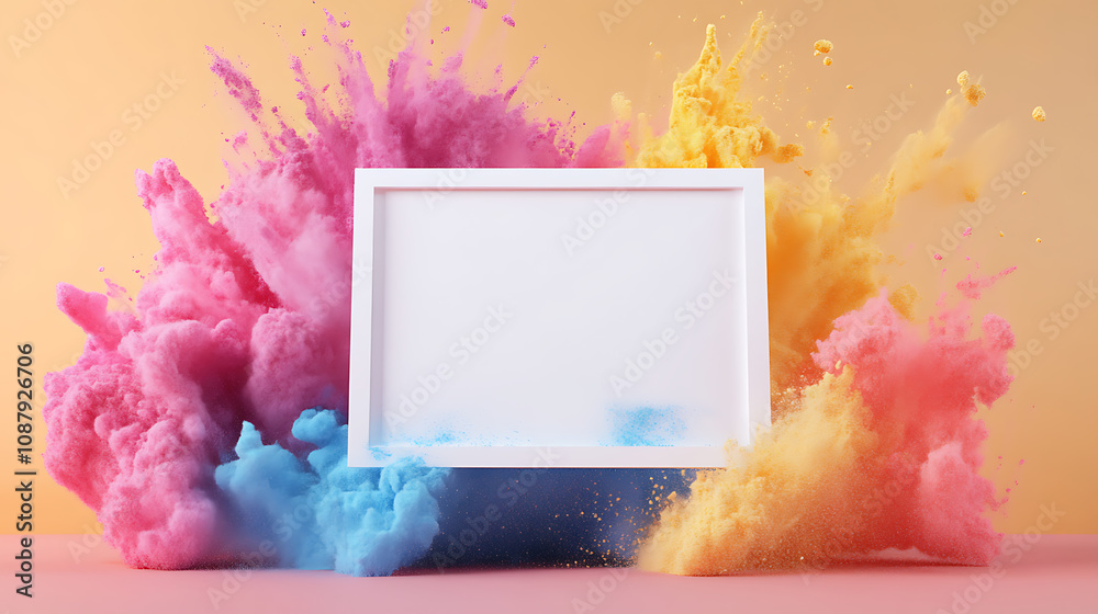 Poster colorful powder paint explosion around white product display frame abstract 3d render