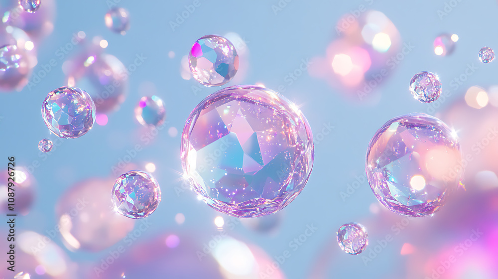 Aufkleber iridescent bubbles floating in a light blue background, diamonds floating in the air, soft pastel co