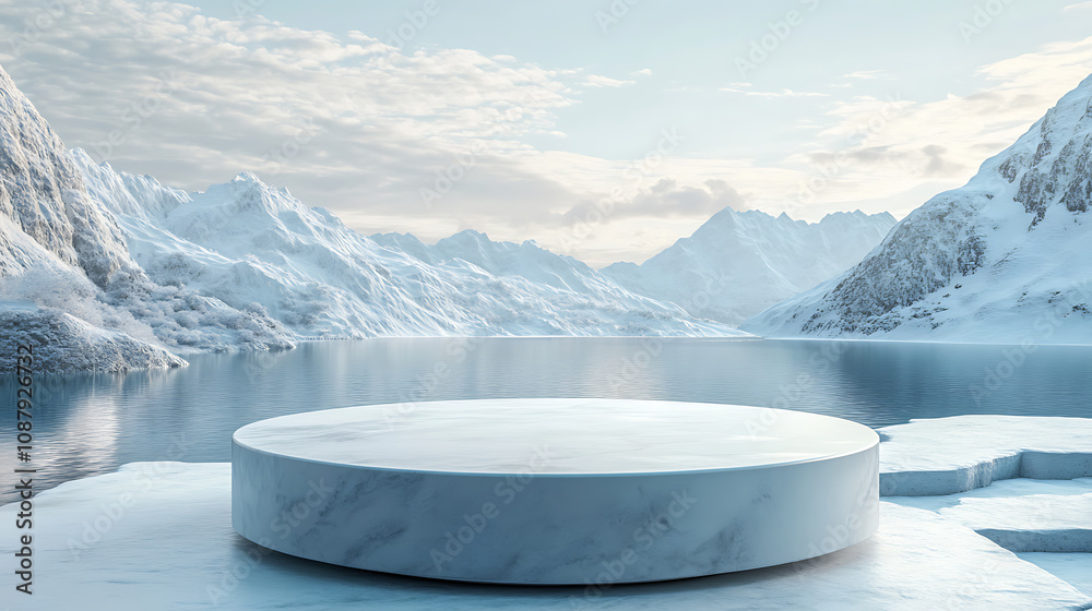 Poster icy podium on snowy mountain platform with cool water background 3d product display