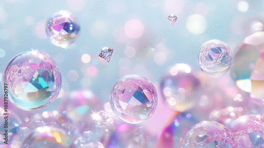 Aufkleber iridescent bubbles floating in a light blue background, diamonds floating in the air, soft pastel co