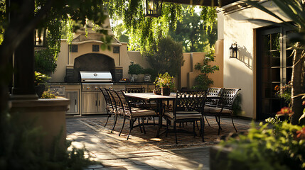 Obraz premium Inviting patio with comfortable table chairs and grill perfect outdoor living space for entertaining and relaxation home exterior photography
