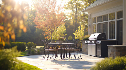 Inviting patio with comfortable table chairs and grill perfect outdoor living space for entertaining and relaxation home exterior photography