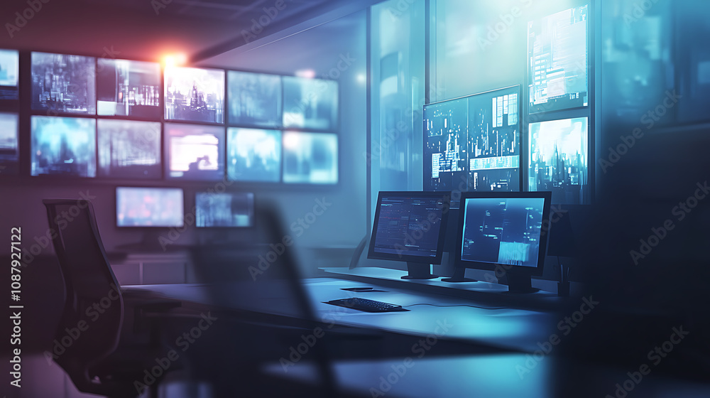 Poster security control room with video wall monitoring for emergencies blurred background digital illustra