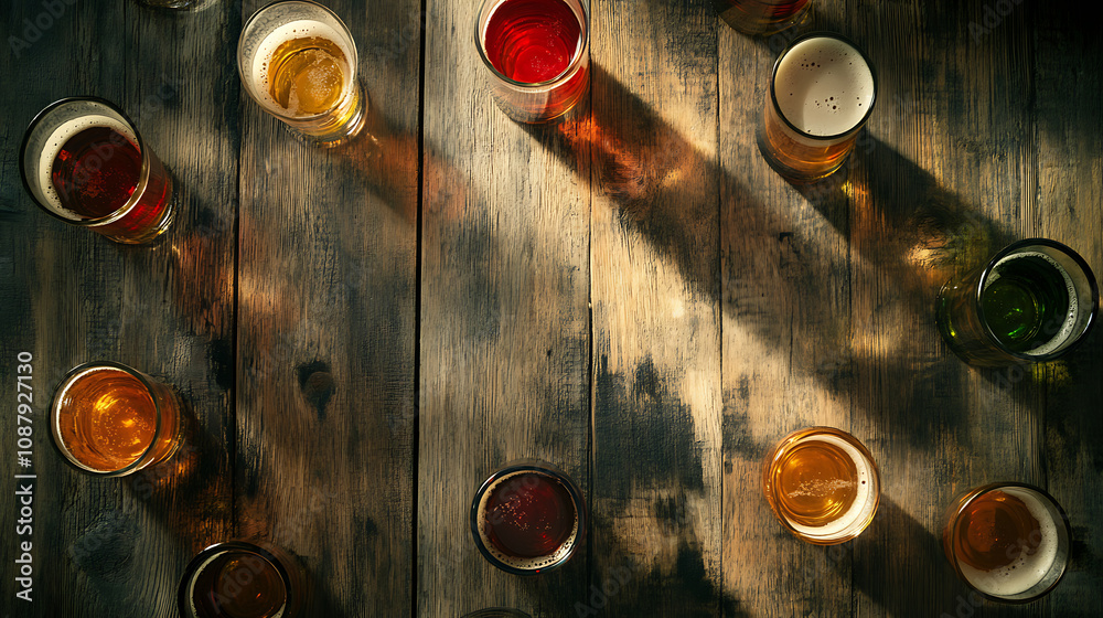Poster rustic wooden background with an aerial view of multiple glasses and beers
