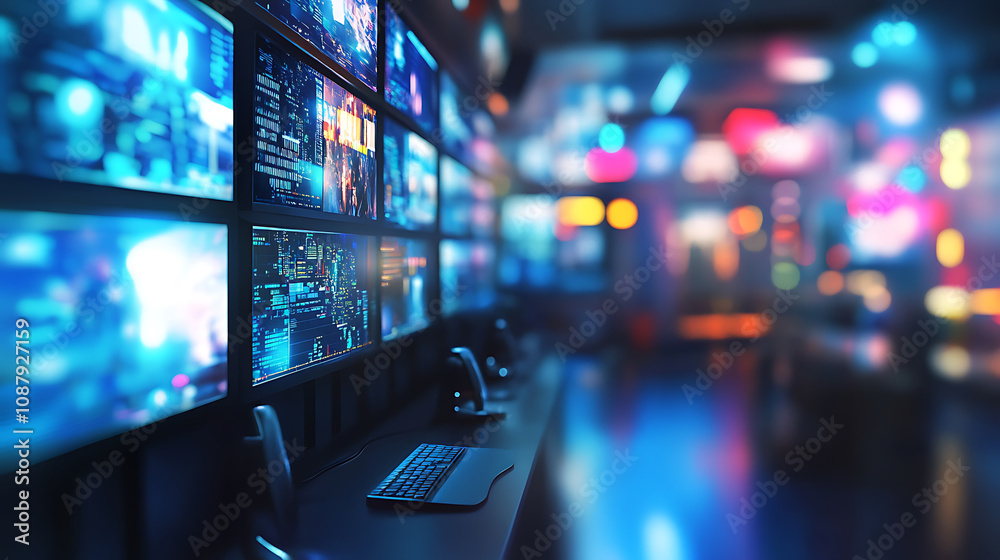 Aufkleber security control room with video wall monitoring for emergencies blurred background digital illustra