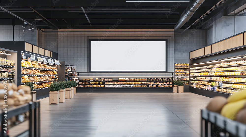 Aufkleber Generic supermarket bakery or grocery store with blank signboard mockup retail branding concept 3d rendering