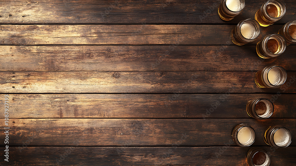 Poster rustic wooden background with an aerial view of multiple glasses and beers