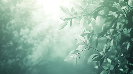 Green and white background with soft light, leafy theme, blurred