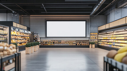 Generic supermarket bakery or grocery store with blank signboard mockup retail branding concept 3d rendering