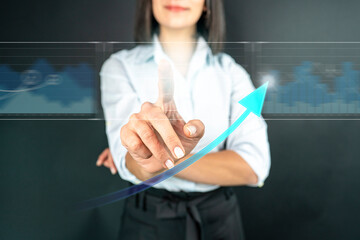 businesswoman hand working with modern technology and digital layer effect as business strategy concept