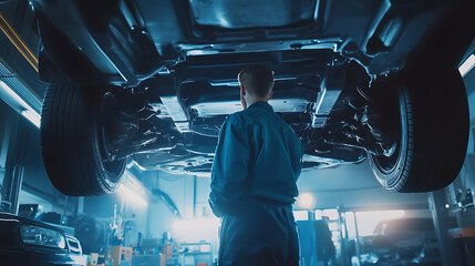 Professional auto mechanic inspecting car undercarriage in modern repair workshop automotive service and maintenance concept