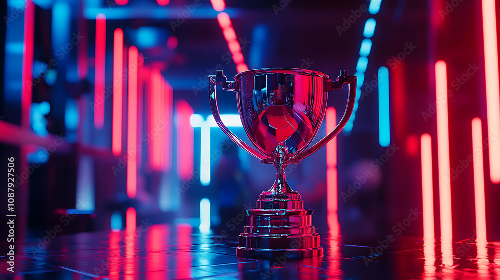 Poster shiny trophy lying on a table in a room with red and blue lights