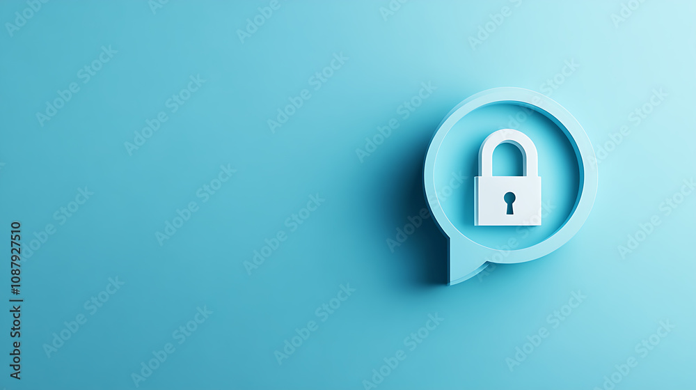 Poster Speech bubble with an open padlock icon on a blue background, symbolizing digital security and private messages Web banner with empty space