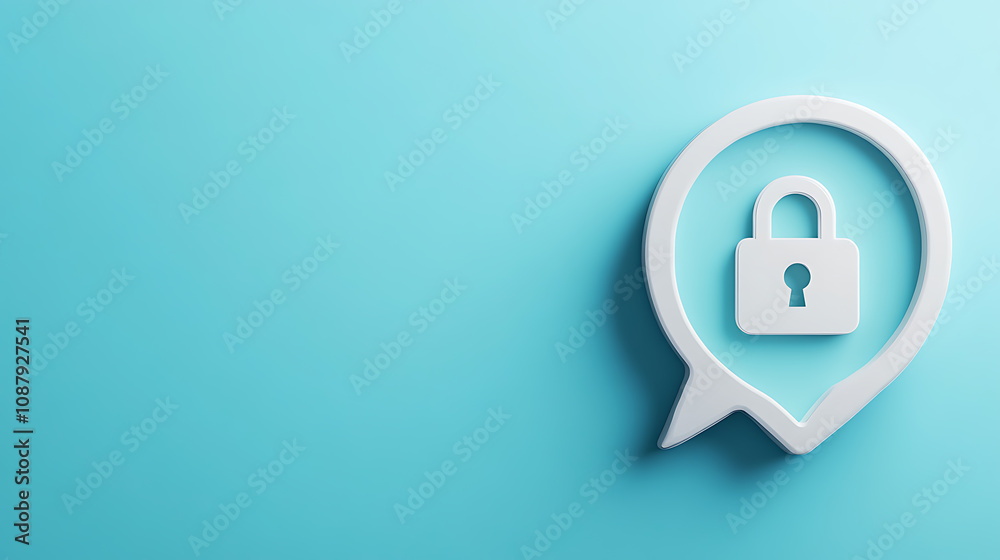 Poster Speech bubble with an open padlock icon on a blue background, symbolizing digital security and private messages Web banner with empty space