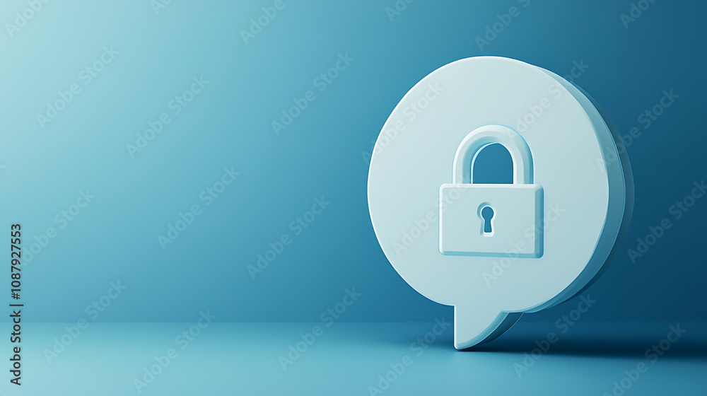 Poster Speech bubble with an open padlock icon on a blue background, symbolizing digital security and private messages Web banner with empty space