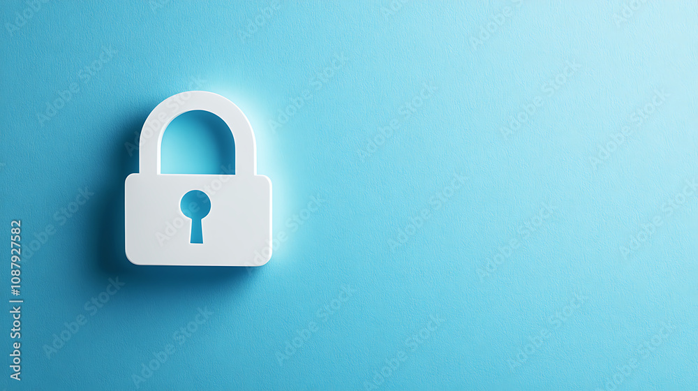 Poster Speech bubble with an open padlock icon on a blue background, symbolizing digital security and private messages Web banner with empty space