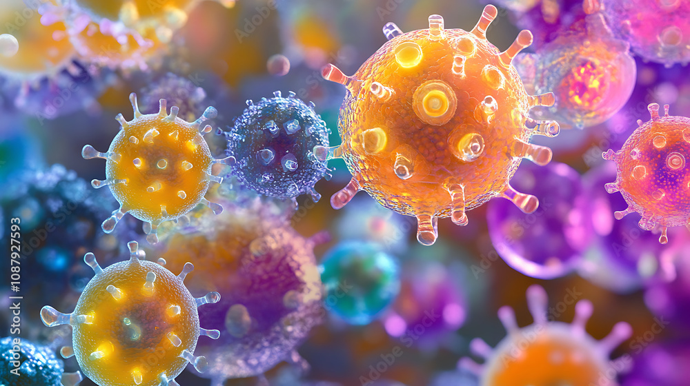 Aufkleber vertical animation , microscopic view of viruses and cells in vivid colors
