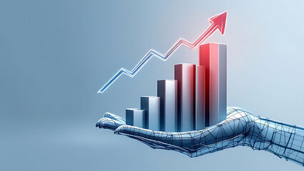A wireframe hand lifting a 3D bar chart, with the bars transforming into rising arrows, representing a surge in financial performance.