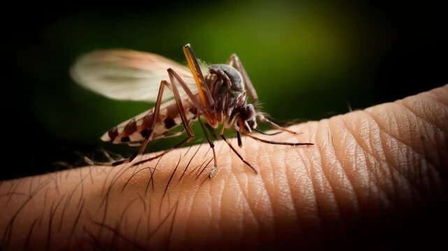 A close-up shot of a mosquito landing on a person's arm.