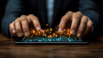 Fototapeta premium Hands interacting with a glowing tablet showcasing data and analytics. AI-generated