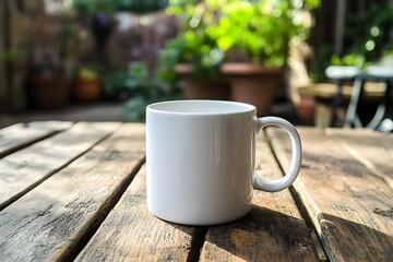 Blank white mug mockup on an outdoor picnic table surrounded by fresh air and nature.