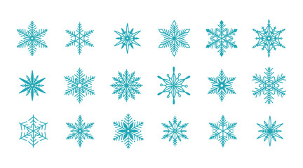 Unique snowflakes set, detailed hand drawn flat vector line illustration. Graphic outline doodle drawing. Christmas and New Year symbol. Beautiful snowflake silhouette icon for frosty winter designs.